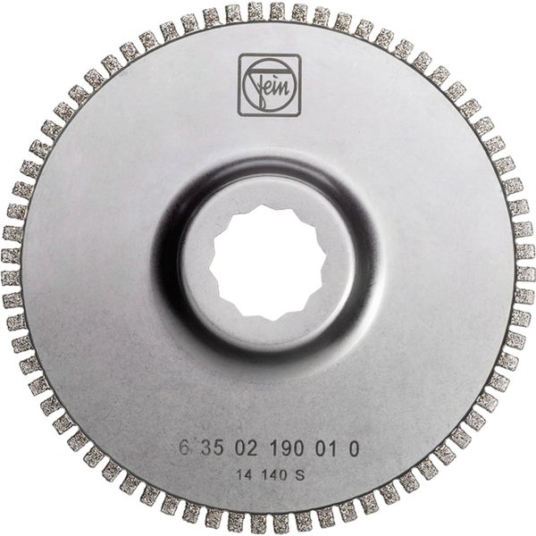 Fein Logo. Diamanttrennscheibe mit Segmenten am Rand.