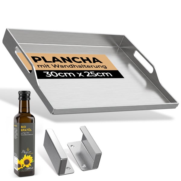 Plancha Grillplatte aus Edelstahl 30 cm x 25 cm mit Wandhalterung und Bio Bratöl