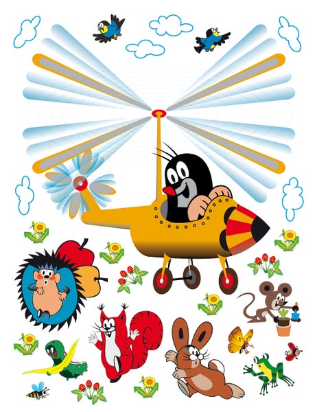 Illustration eines Maulwurfs in einem gelben Flugzeug mit verschiedenen Tieren