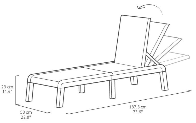 Gartenliege mit verstellbarer Rückenlehne. Maße: 187,5 Zentimeter Länge, 58 Zentimeter Breite, 29 Zentimeter Sitzhöhe.