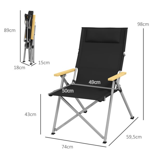 Outsunny Campingstuhl, Faltbarer Gartenstuhl mit 4-stufig verstellbarer Rückenlehne für Pool, Strand, 74L x 59,5B x 98H cm, Oxford, Schwarz