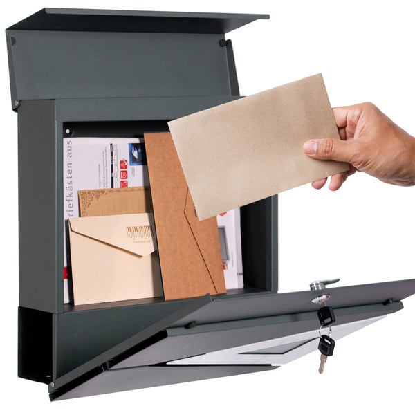 ECD Germany Standbriefkasten mit Zeitungsfach, Design Briefkasten mit Pfosten, Briefkastenanlage, Briefkastenständer Anthrazit 120cm Edelstahl pulverbeschichtet, Postkasten Anthrazit-Marmoroptik Stahl