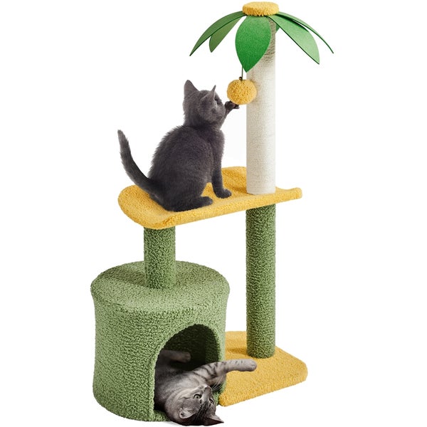 Katzenkratzbaum in Form einer Palme mit zwei Katzen