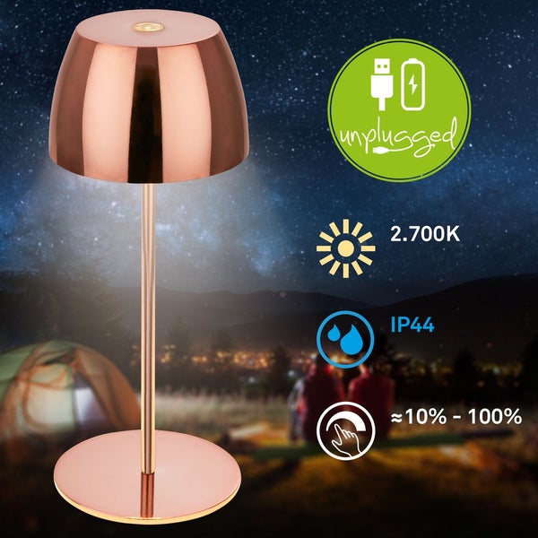 Briloner Serina Mini LED Tischlampe kabellos IP44, Dimmbar, Touch, Spritzwasserschutz, akku, kupfer, Ø8 x 20 cm