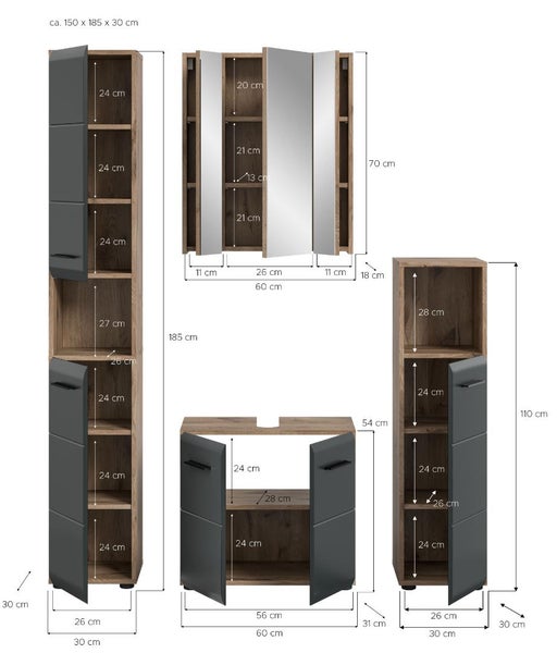 Maßskizze eines Badmöbel-Sets in Holzoptik mit dunkelgrauen Fronten: Hochschrank, Spiegelschrank, Waschbeckenunterschrank und Beistellschrank.