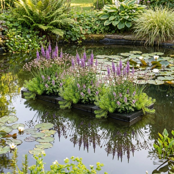 Schwimmende Pflanzinsel auf einem Gartenteich mit violett blühenden Teichpflanzen und Seerosen.