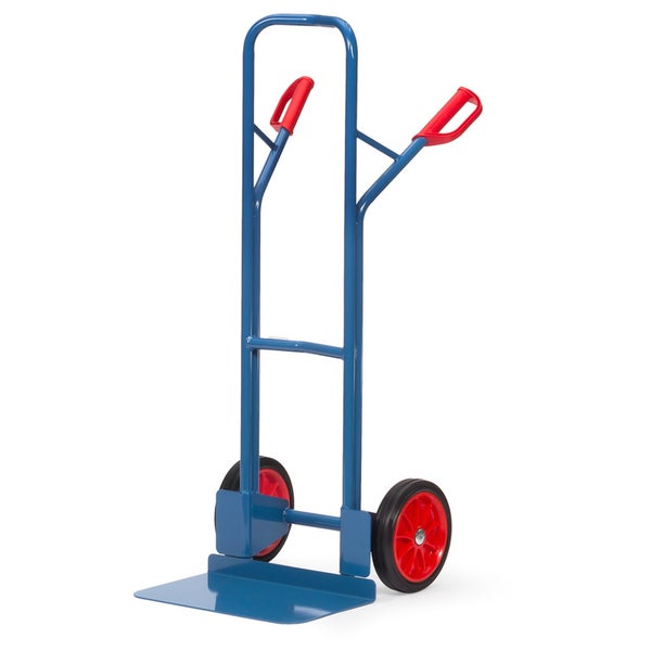 Blaue Sackkarre aus Metall mit roten Sicherheitsgriffen, zwei Rädern und flacher Ladefläche.