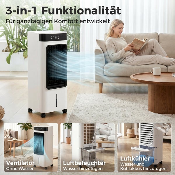 Mobiler 3 in 1 Luftkühler im Wohnzimmer. Insetbilder zeigen Nutzung als Ventilator, Luftbefeuchter und Kühler mit Wasser und Kühlakkus.