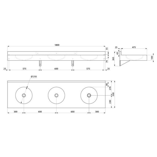 Technische Zeichnung eines Dreifach-Waschtischs mit drei runden Becken und Maßangaben in Millimeter. Gesamtbreite 1800 Millimeter.