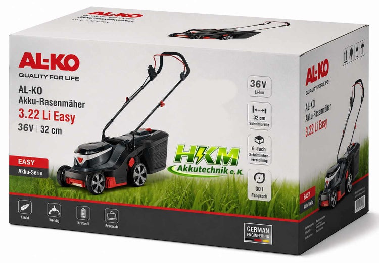 Produktverpackung AL-KO Akku-Rasenmäher 3.22 Li Easy mit 36 Volt, 32 Zentimeter Schnittbreite und 30 Liter Fangkorb.
