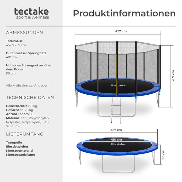 Produktinformationen zu einem blauen Tectake Trampolin mit Sicherheitsnetz und Leiter