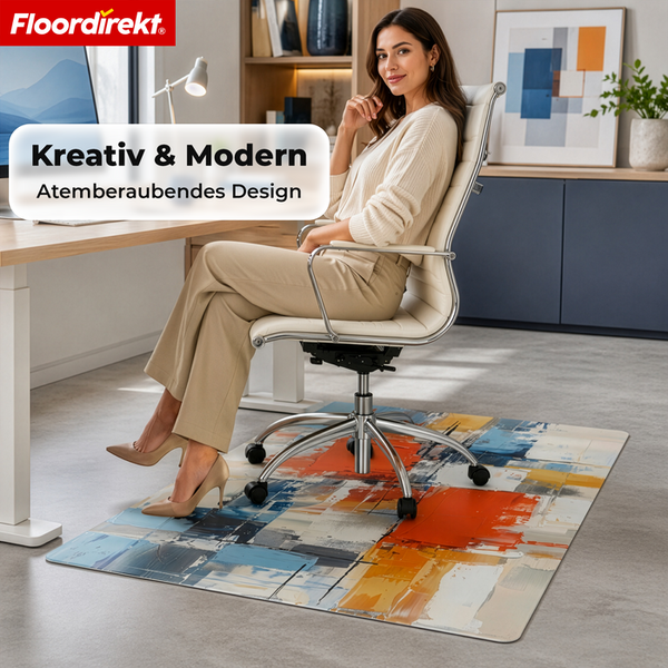 Floordirekt Logo. Modernes, helles Büro mit Schreibtisch und Bürostuhl auf einer Bodenschutzmatte mit abstraktem Design.