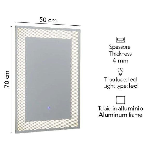 Rechteckiger LED Badezimmerspiegel mit Aluminiumrahmen, Maße 50 mal 70 Zentimeter und Glasdicke 4 Millimeter.