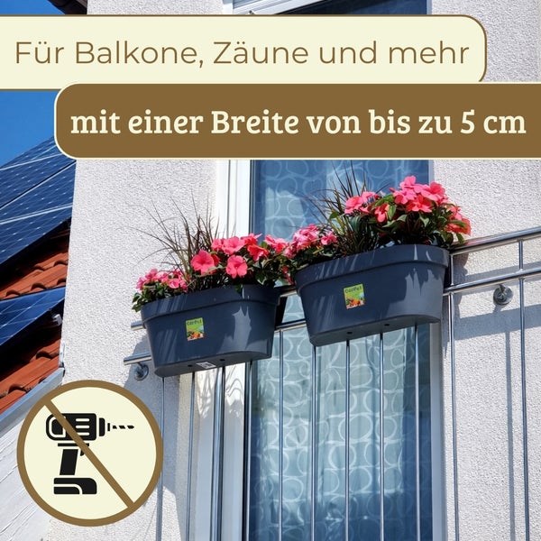 Balkonkasten mit kleinen Streben für maximale Festigkeit an einem Metallgeländer.