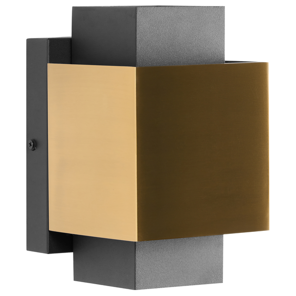 Moderne Wandleuchte mit quadratischer goldfarbener Frontplatte und dunkelgrauem Gehäuse.