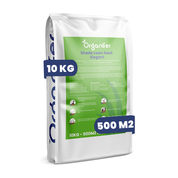 Organifer Schattenrasen Elegant, 10 Kilogramm Packung für 500 Quadratmeter, hochwertige Grassaat für schattige Standorte.