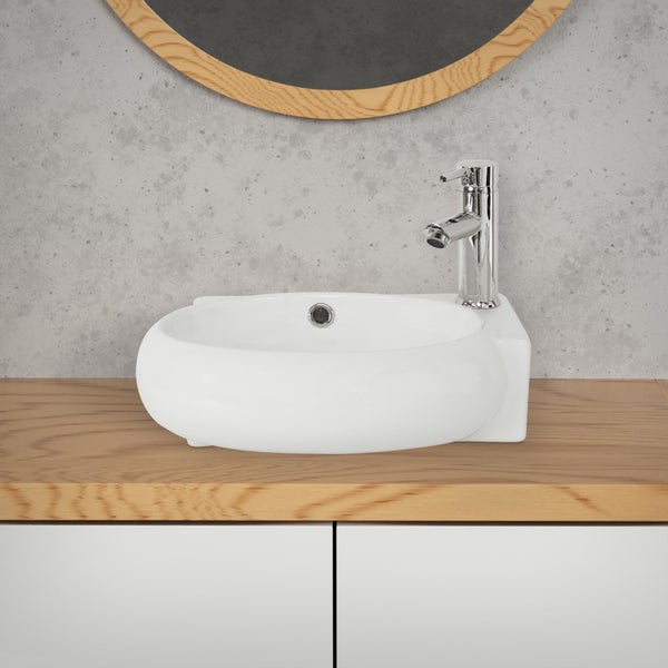 ML-Design Waschbecken aus Keramik in Weiß, 43x28x15 cm, Oval, klein, Hahnloch rechts, Wandmontage oder Aufsatzwaschbecken, Moderne Waschtisch Waschschale Waschplatz Handwaschbecken, für Badezimmer