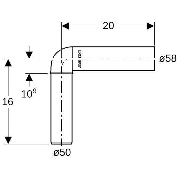 Maßzeichnung Geberit Anschlussbogen mit Geberit Logo. Durchmesser 58 Millimeter und 50 Millimeter. Länge 20 Zentimeter und 16 Zentimeter.