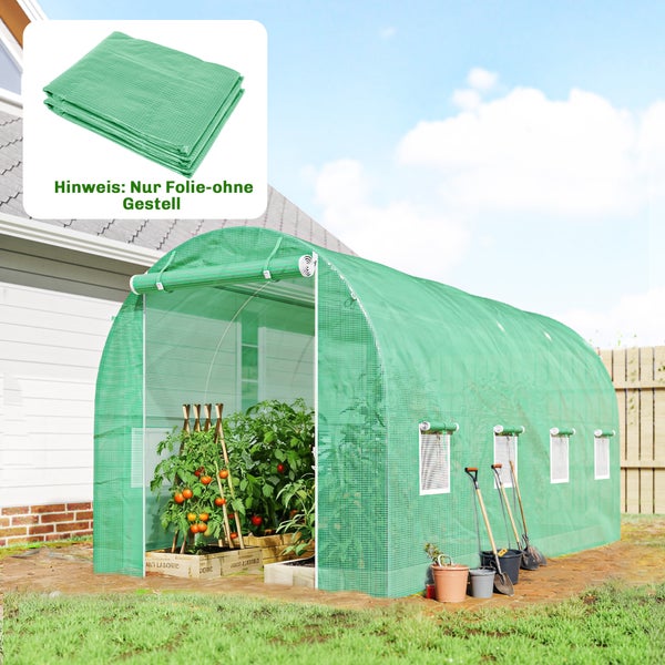 Grüne Gitterfolie für Gewächshäuser, gefaltet und als montierter Folientunnel im Garten dargestellt, Hinweis nur Folie ohne Gestell.