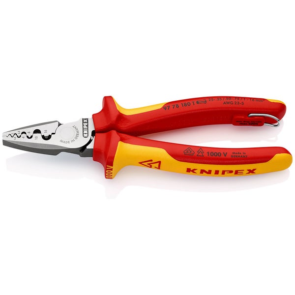 Knipex Aderendhuelsenzange mit Befestigungsöse isoliert mit Mehrkomponenten-Hüllen, VDE-geprüft; mit integrierter isolierter Befestigungsöse zum Anbringen einer Absturzsicherung 180 mm - 9778180TBK