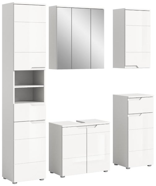 Fünfteiliges Badezimmermöbel-Set in Weiß mit Spiegelschrank, Waschbeckenunterschrank, Hochschrank und zwei Beistellschränken.