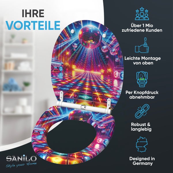 Sanilo WC Sitz mit Disko Motiv und Vorteilsanzeige: Montage von oben, abnehmbar, robust und in Deutschland entworfen.