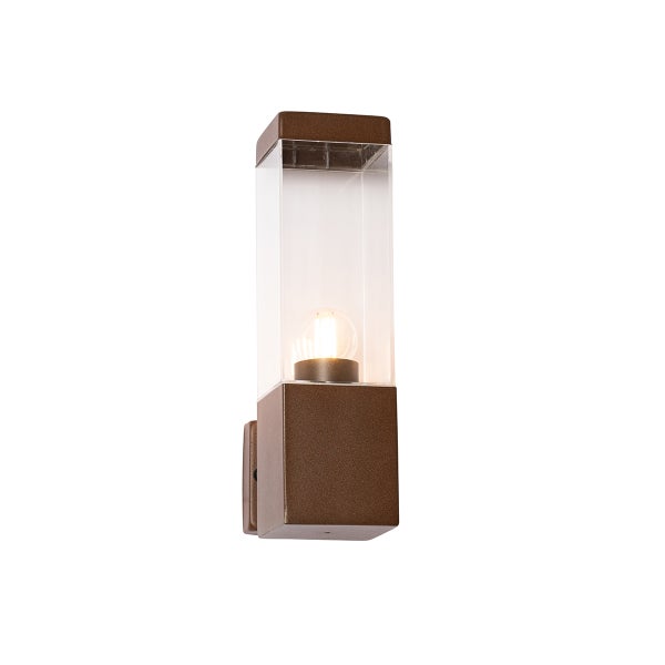 Rechteckige Außenwandleuchte aus braun strukturiertem Metall mit klarem Kunststoffeinsatz und sichtbarem Leuchtmittel.