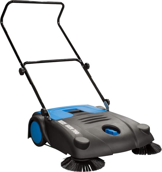 Güde Handkehrmaschine GKM 700 in Blau und Schwarz mit zwei Seitenbesen und klappbarem Schiebebügel.