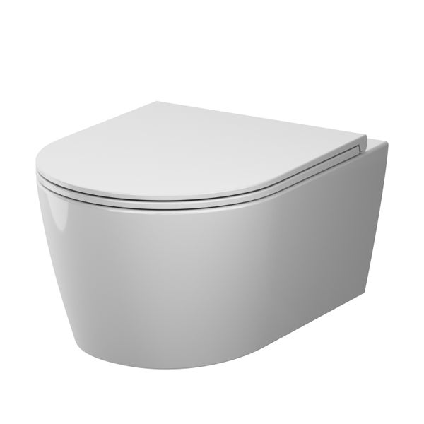Wand-WC aus Keramik mit geschlossenem Deckel in moderner, abgerundeter Form.