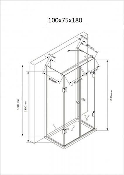 Technische Zeichnung einer Duschkabine mit Maßangaben