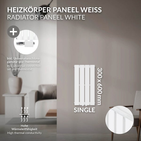 ML-Design Paneelheizkörper Einlagig 600x300 mm Weiß Mittelanschluss mit Anschlussarmatur Universal Eck- und Durchgangsform Multiblock Thermostat Badheizkörper Vertikal Designheizkörper Flachheizkörper