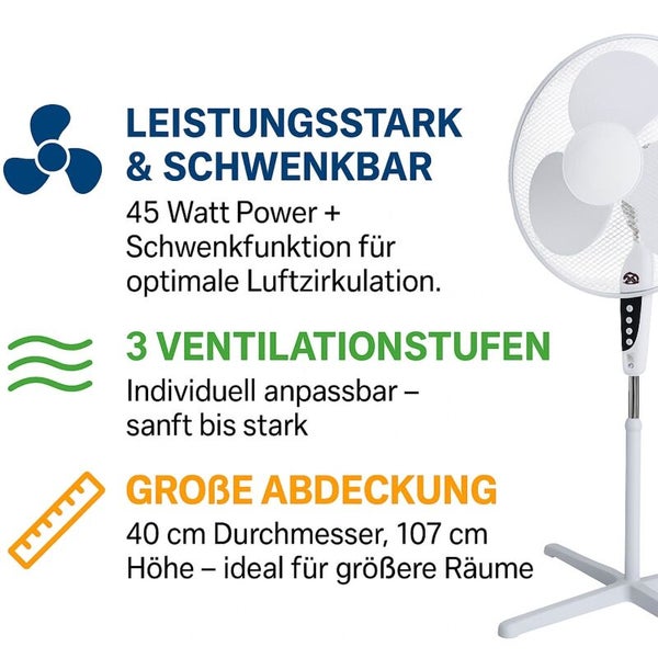 Standventilator mit 45 Watt Leistung, Schwenkfunktion, 3 Geschwindigkeitsstufen, 40 Zentimeter Durchmesser und 107 Zentimeter Höhe.