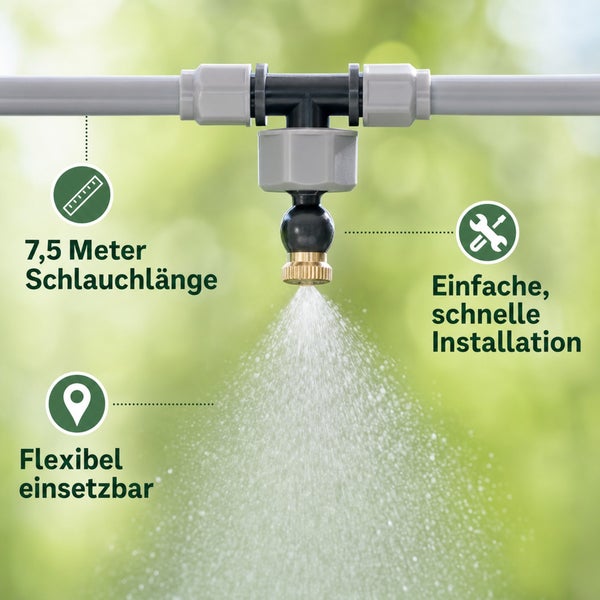 Gartenbewässerungssystem mit Sprühdüse, 7,5 Meter Schlauchlänge, einfache Installation und flexibel einsetzbar.