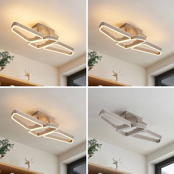 Moderne LED-Deckenleuchte mit drei ineinander verschlungenen Rahmen, dargestellt in verschiedenen Farbtemperaturen von Warmweiß bis Kaltweiß.