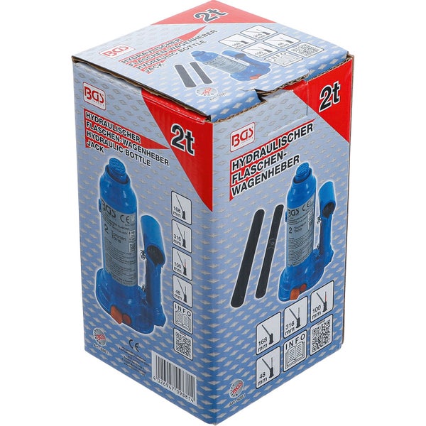 BGS hydraulischer Flaschen-Wagenheber, Tragkraft 2 Tonnen, Verpackung mit technischen Zeichnungen und Maßangaben in Millimeter.