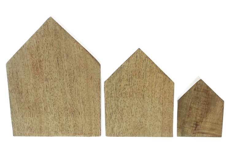 FRANK FLECHTWAREN | Holzdeko Haus, 3er Set, HOLZ, 7,5x2,5x10cm, 11x2,5x15cm, 15x2,5x20cm