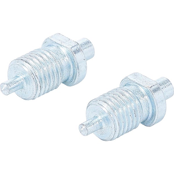 Zwei silberfarbene Einschraubstollen aus Metall mit Gewinde und kleiner Spitze.