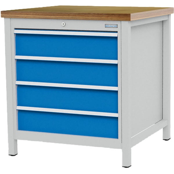 Werkbank mit 4 blauen Schubladen, Arbeitsplatte aus Holz und grauem, abschließbarem Metallgestell.