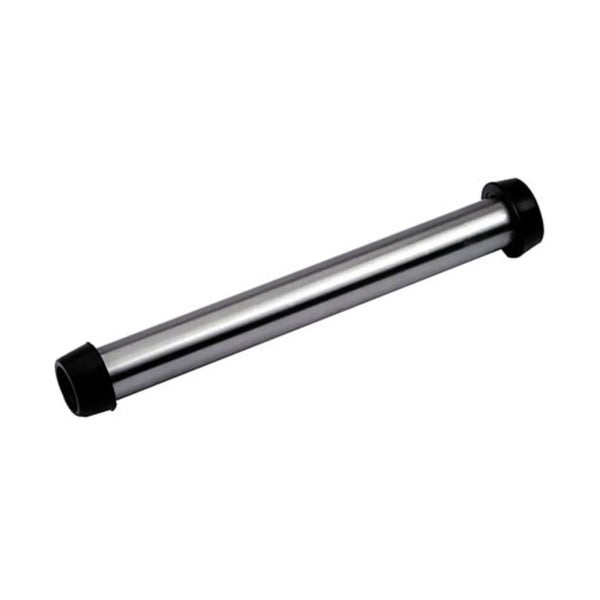 Eine zylindrische Metallstange mit schwarzen Endkappen an beiden Seiten.