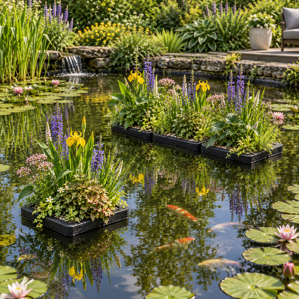 Schwimminseln mit bunten Wasserpflanzen in einem Gartenteich mit Kois und Seerosen vor einem Wasserfall