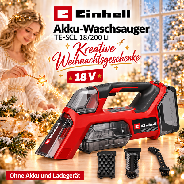 Einhell Akku-Waschsauger TE-SCL 18/200 Li mit Zubehör in weihnachtlicher Szene, 18 Volt System, Lieferung ohne Akku und Ladegerät.