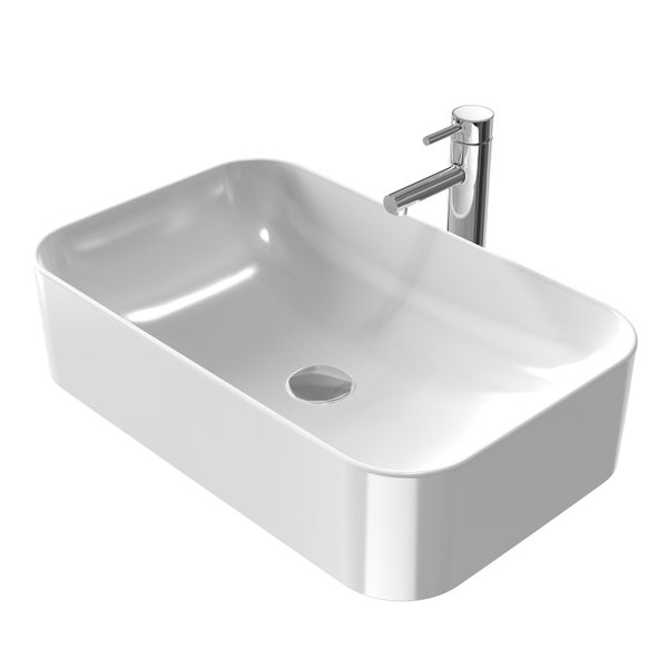 EMKE Aufsatzwaschbecken 605x380 mm, Glanzweiß, Eckig, Keramik Waschtisch, Handwaschbecken für Bad & Gäste-WC, Höhe 150 mm