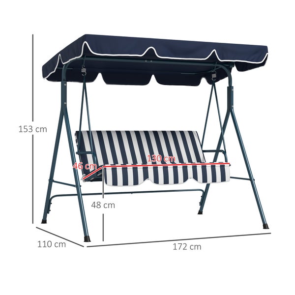 Outsunny Hollywoodschaukel 3-Sitzer Gartenschaukel mit Verstellbarem Dach, wasserabweisend Schaukelbank bis 240 kg belastbar, für Garten, Balkon, Mesh, Blau