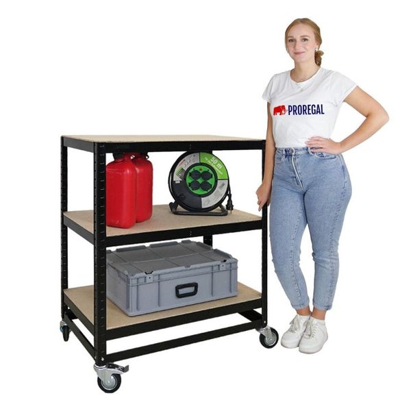 PROREGAL Kommissionierwagen BÜFFEL Fahrbares Kommissionierregal, 100x90x50cm, 3 Ebenen, Fachlast 50kg, 2X Lenkrollen & 2X Lenkrollen mit Feststellbremse, Schwarz