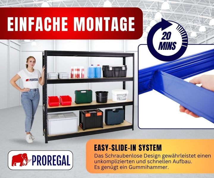 Frau neben Proregal Schwerlastregal mit vier Ebenen, schraubenloses Stecksystem für Montage in circa 20 Minuten, Proregal Logo.