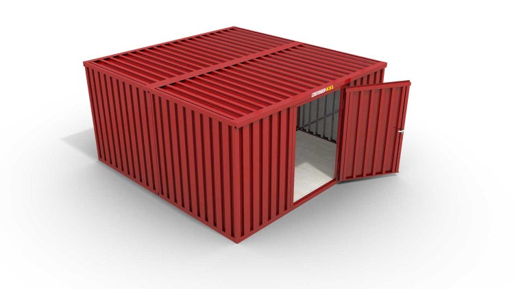 Lagercontainer Gerätehaus M2  – 12 qm, H2150 x B3050 x T4340 mm, Außenwandlackierung RAL 3000 feuerrot, Dach außen verzinkt, mit Holzfußboden, 1270 mm Einflügeltür mittig in Breitseite, montiert