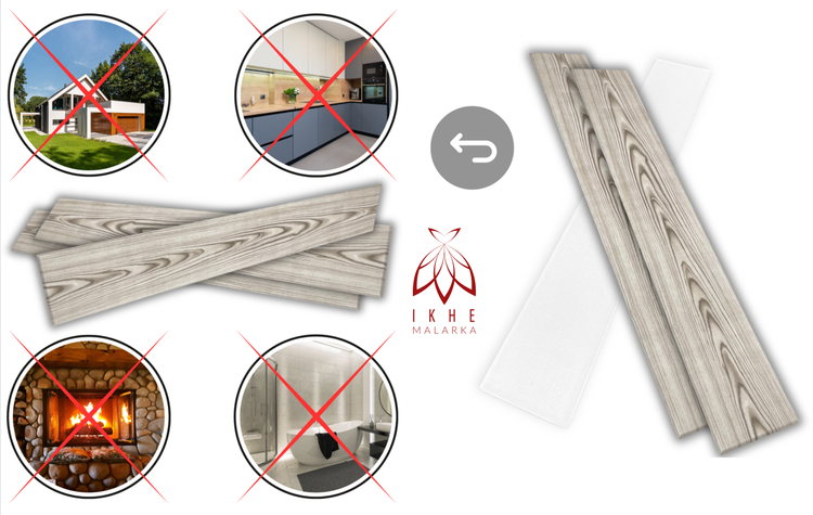 Wandpaneele in Holzoptik mit Symbolen: Nicht geeignet für Außenbereich, Küche, Kamin und Bad. IKHE MALARKA Logo.