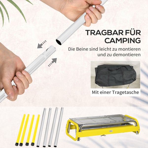 Outsunny Holzkohlegrill, BBQ Grill, klappbare Beine, herausnehmbare Kohleschale, Edelstahl, 85 x 43 x 72 cm, Metall, Edelstahl, Gelb
