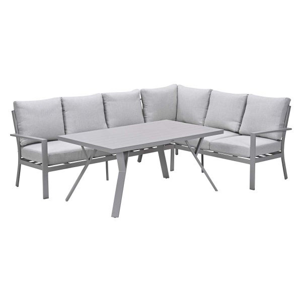Garten-Lounge-Set mit grauem Ecksofa in L-Form inklusive Polstern und einem rechteckigen Metalltisch.