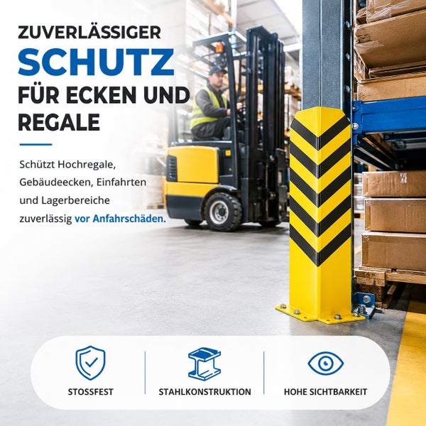 Robuster Anfahrschutz aus Stahl für Lagerregale und Ecken im Lagerbereich mit hoher Sichtbarkeit und Stoßfestigkeit.